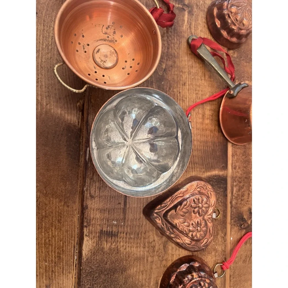 Set 8 Vintage Copper Kitchen Christmas Ornaments Colander Heart Pan Skillet Pots